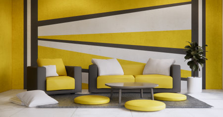 Living room Black and yellow wall colorful with sofa armchair and tiles granite floor.の写真素材