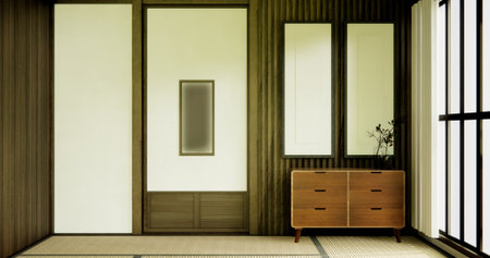Cabinet and wall shelves on empty room with decoration ,lamp, plants, carpet, sofa.の写真素材