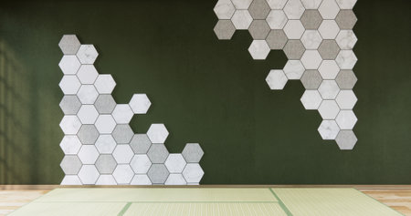 Mockup White and green hexagon tiles wall on Modern room minimalist.3D rendering