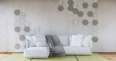 armchair sofa and decoration plants on hexagon tiles wall Modern room minimalist.3D rendering