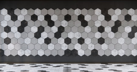 Mockup hexagon tiles wall on wooden floor, Modern room minimalist.3D rendering