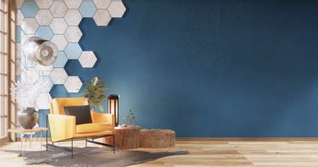 mockup Blue concept living room modern style with hexagon tiles wall background.3D rendering
