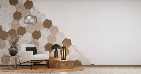 sofa and decoration plants on hexagon tiles wall Modern room minimalist.3D rendering