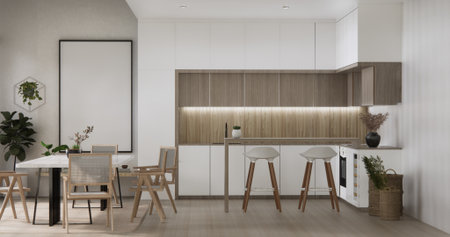 kitchen room dining table grey wall wood floor. 3d rendering