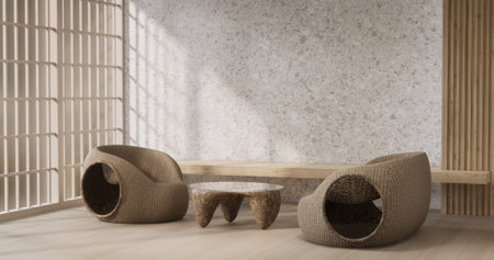 Armchair onEmpty room wabi sabi style. 3D illustration rendering