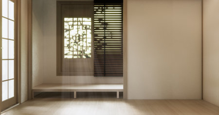 Empty room,Clean japanese traditional style wooden design minimalist room interior, 3D renderingの写真素材
