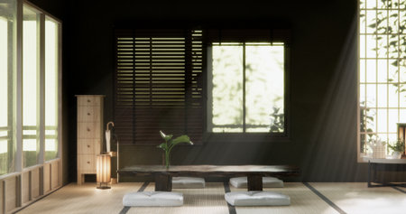 Green dark wall empty room, Modern japanese tatami mat floor, room japanese traditional style. 3D...