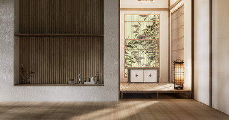 Empty room,Clean japanese traditional style wooden design minimalist room interior, 3D renderingの写真素材