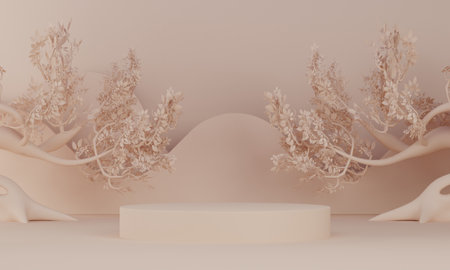 Fashion product background and stand light brown podium display with blank backdrops.の写真素材