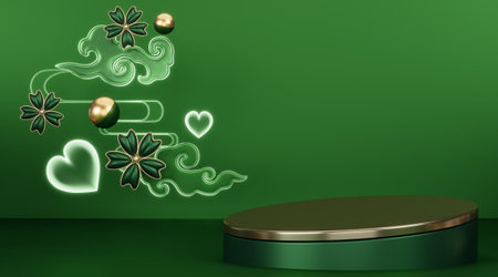 Green granite Podium geometric and plants decoration on black background .3D renderingの写真素材
