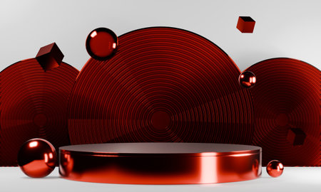 Dark red style. Fashion product background, stand product podium display with blank backdrops.の写真素材
