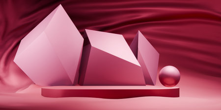 Dark red style. Fashion product background, stand product podium display with blank backdrops.