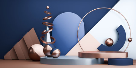 two tone mocha and blue, Fashion product background stand podium display with blank backdrops.の写真素材