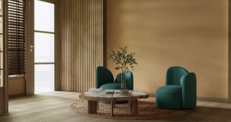 Mocha concept scene living room with green sofa and wooden minimalist design in Japanese style.
