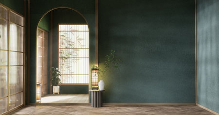 Green dark wall empty room, japanese traditional style.の写真素材
