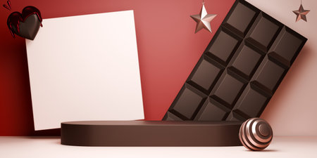 Red and mocha valentine style stand product podium display with blank backdrops.の写真素材