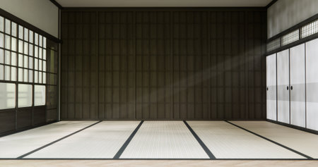 A large Japanese style dojo hall and floor tatami mat.の写真素材