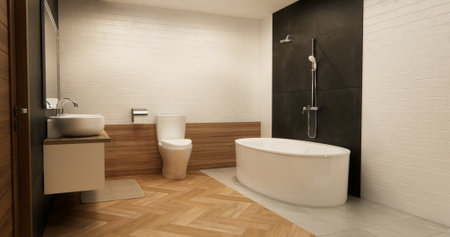 black and white brick scene bathroom with shower and Toilet and decoration on modern toilet room...