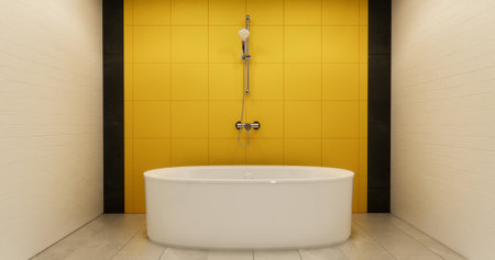 yellow color concept bathroom shower and Toilet and decoartion on modern zen toilet room japan style .3D renderingの写真素材