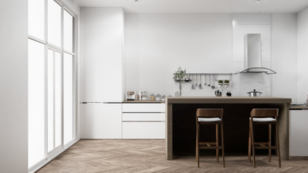 Kitchen bar on set kitchen shaped modern style white and wood concept. 3d renderingの写真素材