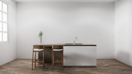 Kitchen bar on set kitchen shaped modern style white and wood concept. 3d renderingの写真素材