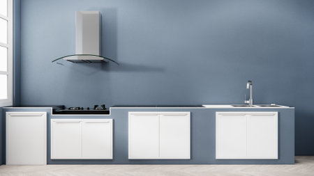 Scene blue Kitchen room scene mock up . 3D rendering
