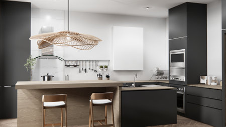 black style Kitchen bar on set kitchen shaped modern style white and wood concept. 3d rendering