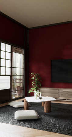 Viva magenta Living room with red wall and armchair japandi style.3D renderingの写真素材