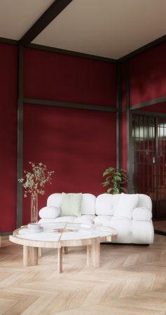 Living room with red wall and armchair japandi style.3D rendering