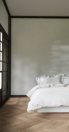 Bedroom japanese minimal style.,Modern white wall and wooden floor, room minimalist. 3D renderingの写真素材