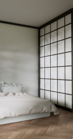 Bedroom japanese minimal style.,Modern white wall and wooden floor, room minimalist. 3D renderingの写真素材