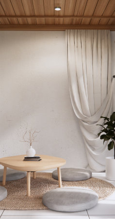 living room low table and pillow decoration wabisabi  room interior .3D rendering