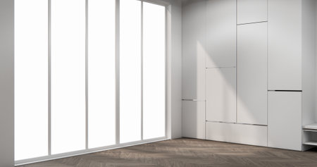 Mockup Empty cabinet shelf room minimal with modern wood panels wall background 3D illustration renderingの写真素材