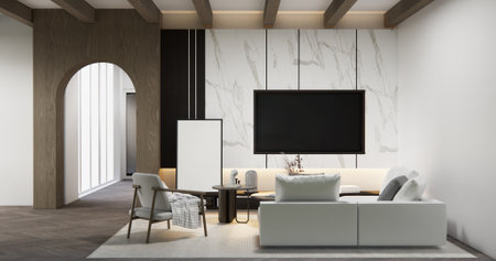 Living room with sofa and table on carpet minimalist design modern wooden style. 3D rendering