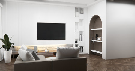 Cabinet wall shelves on empty room with decoration ,lamp, plants, carpet, sofa.3D renderingの写真素材