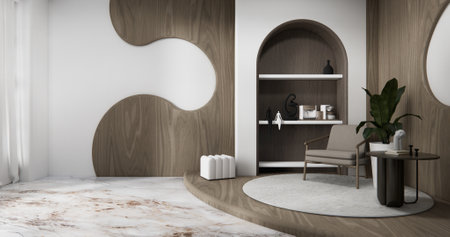 Cabinet wall shelves on empty room with decoration ,lamp, plants, carpet, sofa.3D renderingの写真素材