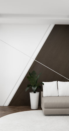 mock up empty living room and art wood panels wall background 3D illustration renderingの写真素材