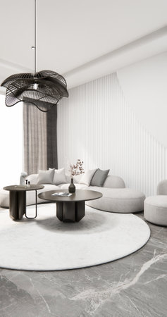 mock up empty living room and art wood panels wall background 3D illustration renderingの写真素材