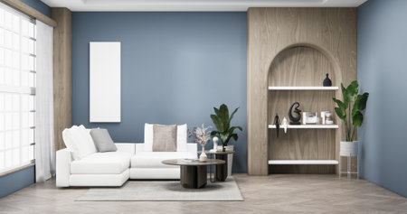 Gray blue wall Living Room Interior Design have sofa modern and decoration. 3D renderingの写真素材