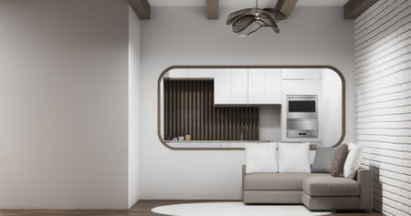 Cabinet wall shelves on empty room with decoration ,lamp, plants, carpet, sofa.3D rendering