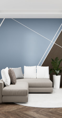 Gray blue wall Living Room Interior Design have sofa modern and decoration. 3D renderingの写真素材