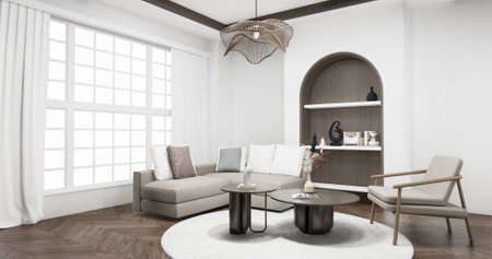 Cabinet wall shelves on empty room with decoration ,lamp, plants, carpet, sofa.3D renderingの写真素材