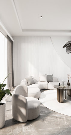 mock up empty living room and art wood panels wall background 3D illustration renderingの写真素材