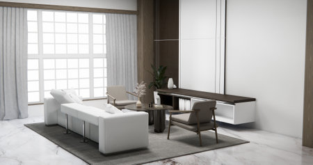 Cabinet wall shelves on empty room with decoration ,lamp, plants, carpet, sofa.3D renderingの写真素材