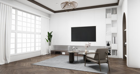 Cabinet wall shelves on empty room with decoration ,lamp, plants, carpet, sofa.3D renderingの写真素材