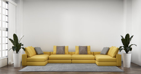 Living room has sofa with mockup and decorated decortion in the white wall background.3d rendering