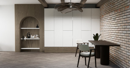 Cabinet wall shelves on empty room with decoration ,lamp, plants, carpet, sofa.3D renderingの写真素材