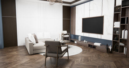 Gray blue wall Living Room Interior Design have sofa modern and decoration. 3D renderingの写真素材