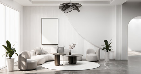 mock up empty living room and art wood panels wall background 3D illustration renderingの写真素材