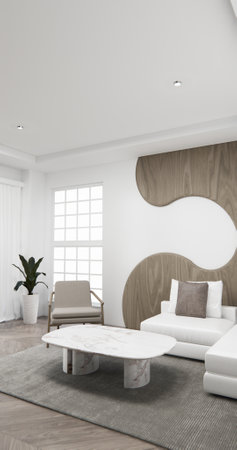 mock up empty living room and art wood panels wall background 3D illustration renderingの写真素材